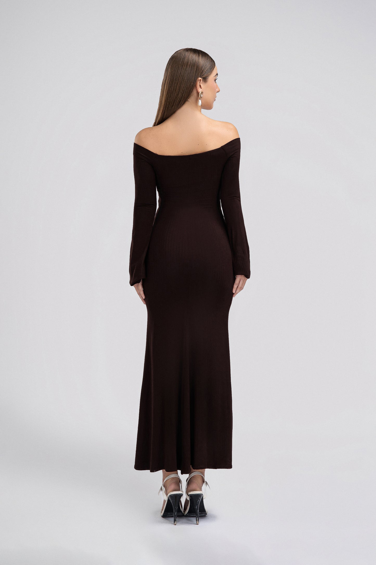 Petite Off Shoulder Jersey Dress in Chocolate