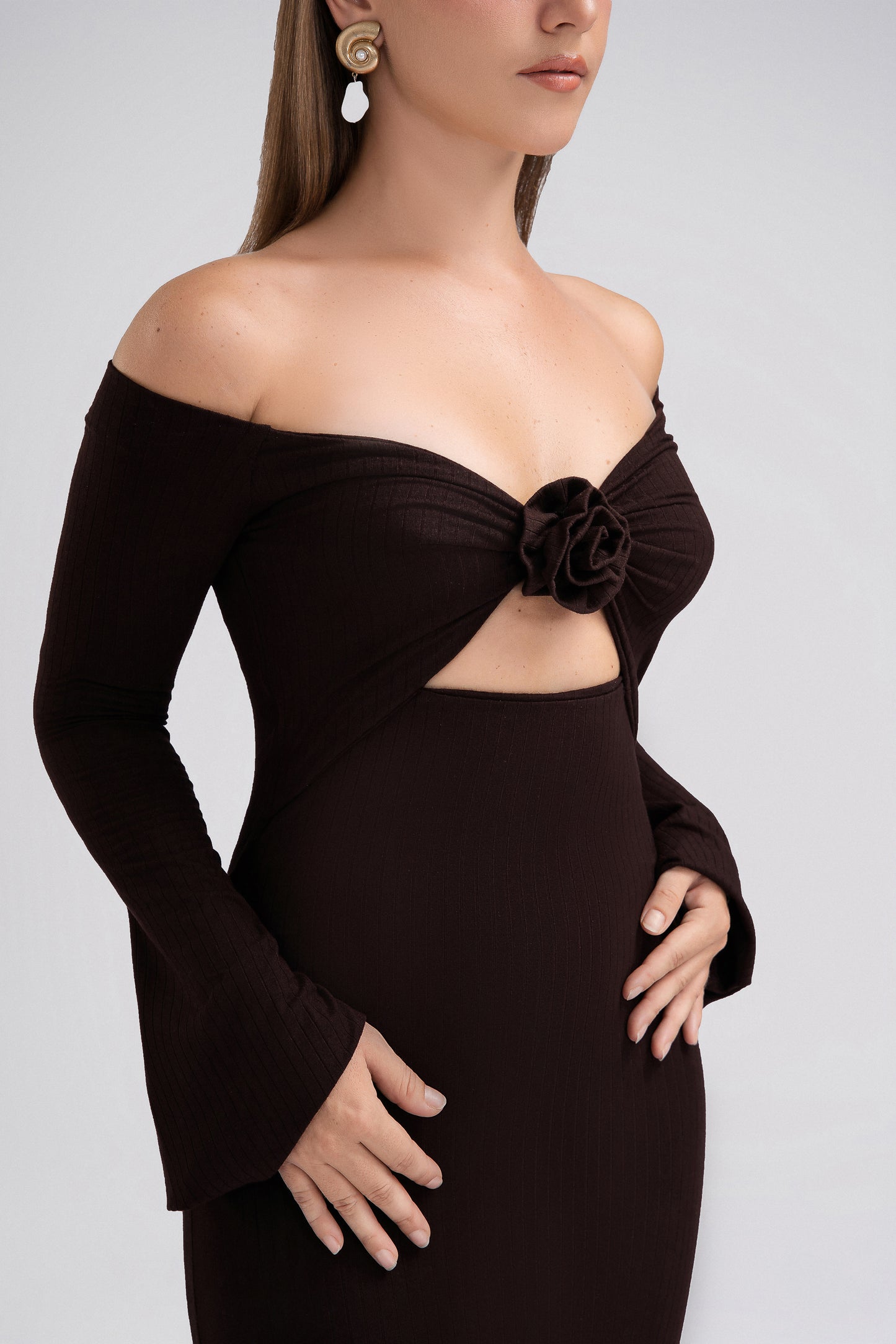 Petite Off Shoulder Jersey Dress in Chocolate