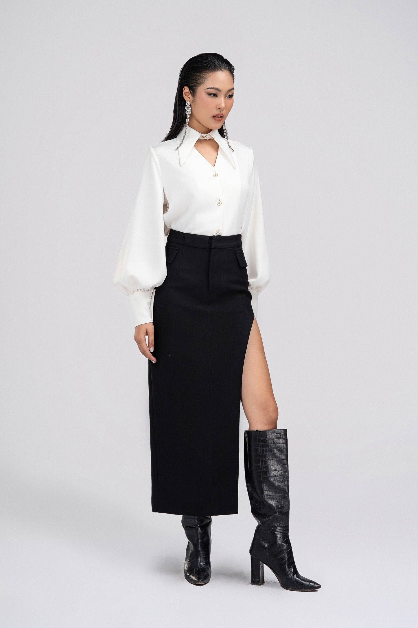 Petite Cut Out Midi Skirt in Black
