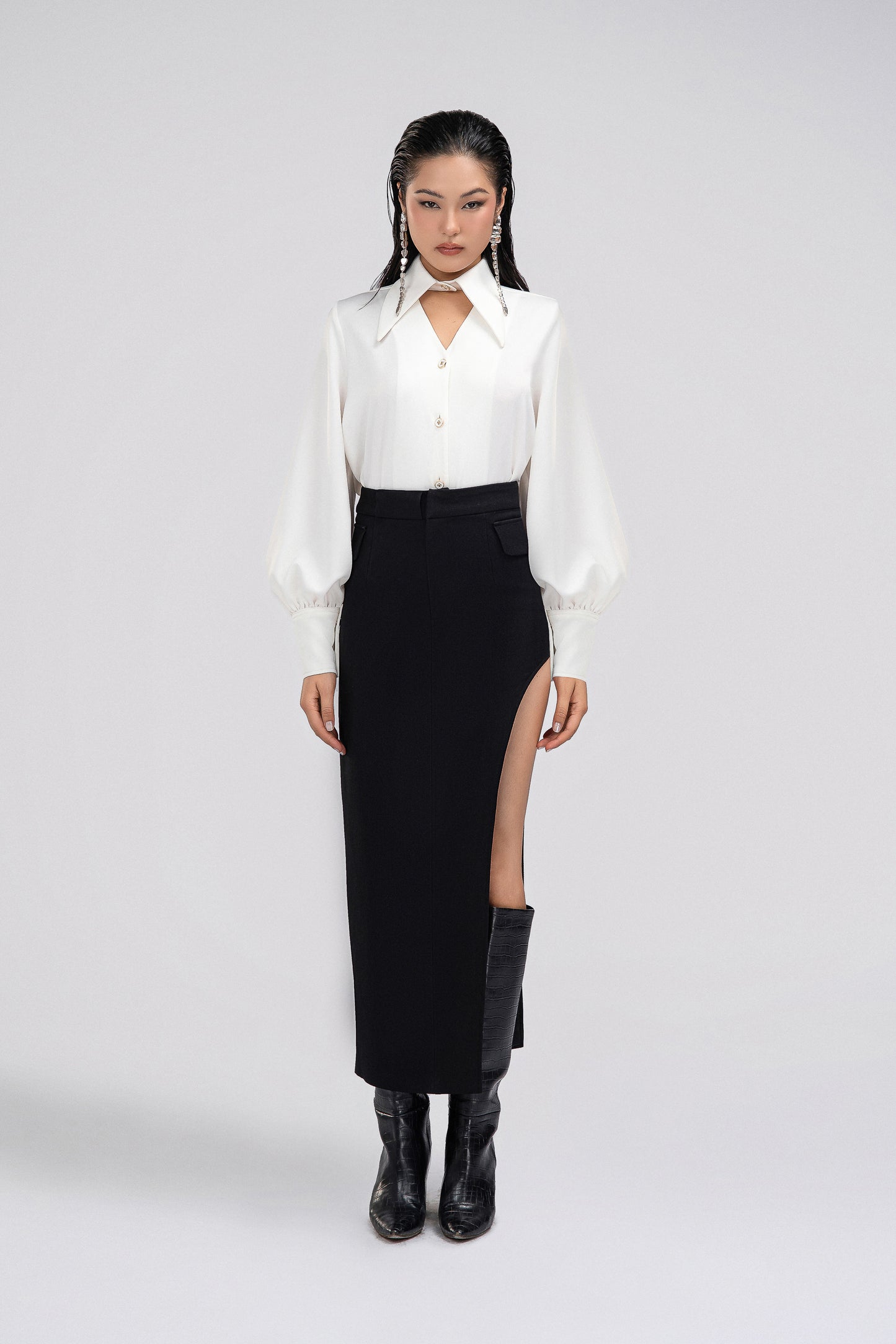 Petite Cut Out Midi Skirt in Black