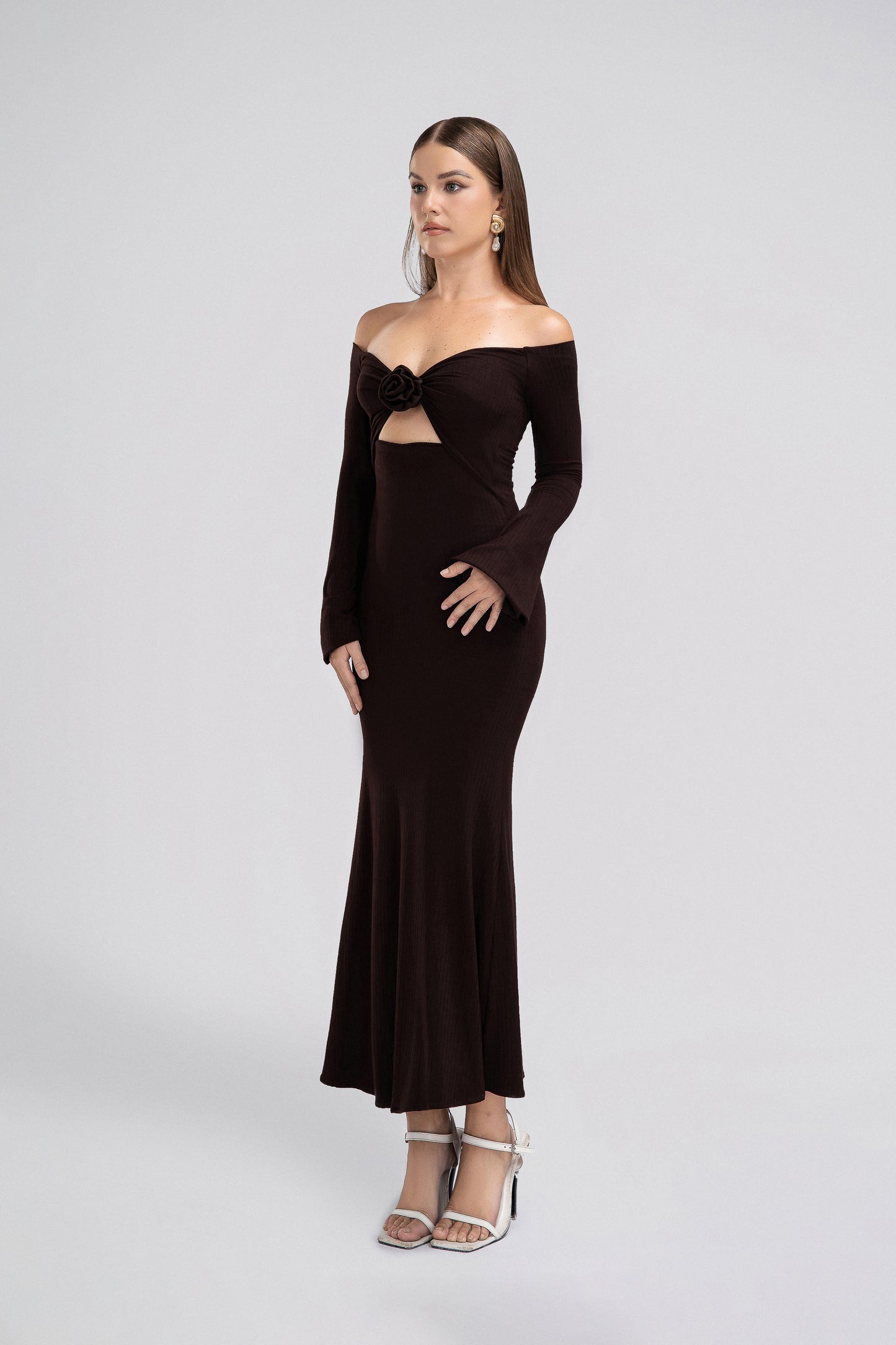 Petite Off Shoulder Jersey Dress in Chocolate