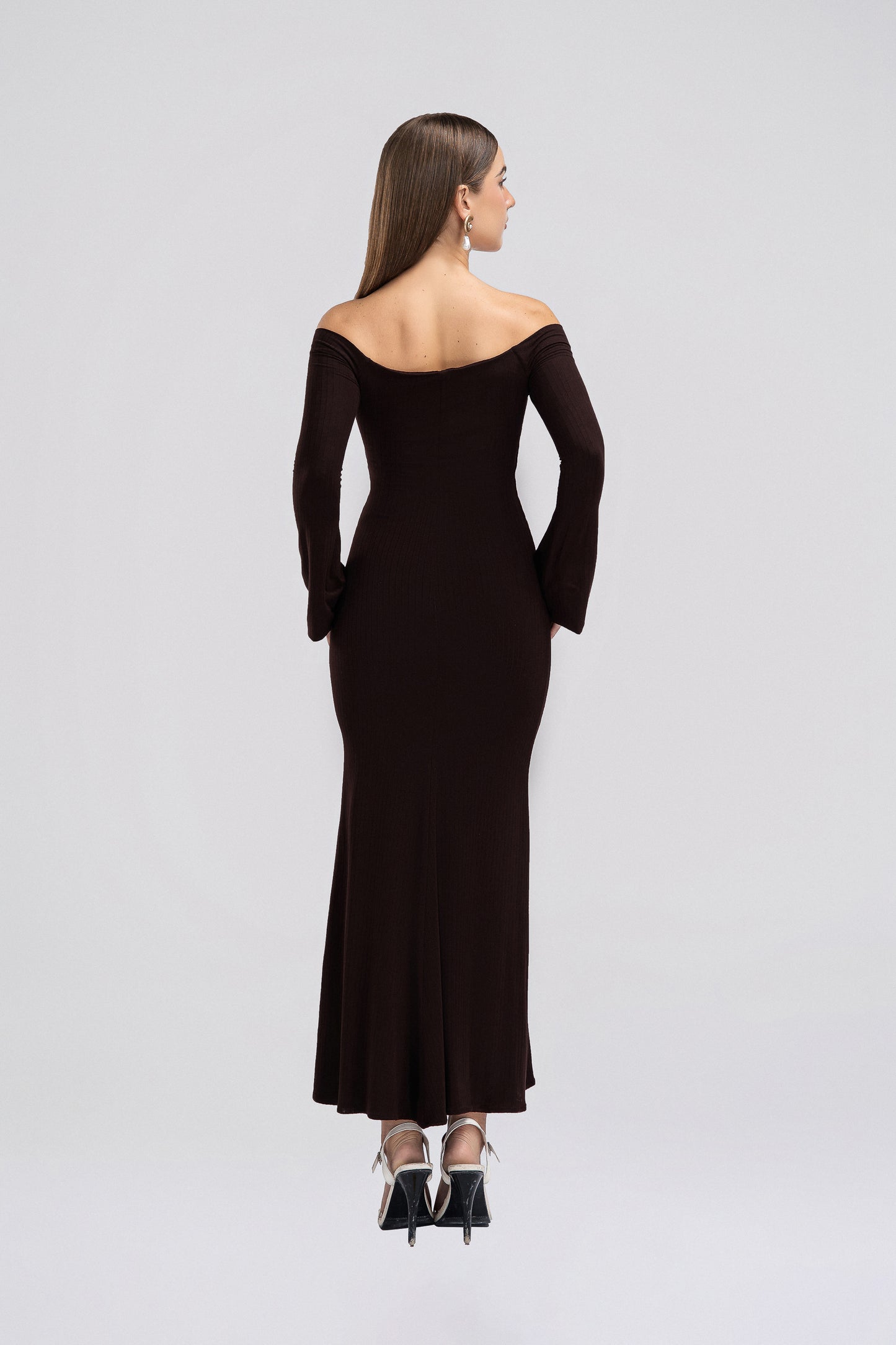 Petite Off Shoulder Jersey Dress in Chocolate