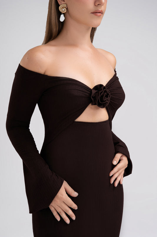 Petite Off Shoulder Jersey Dress in Chocolate