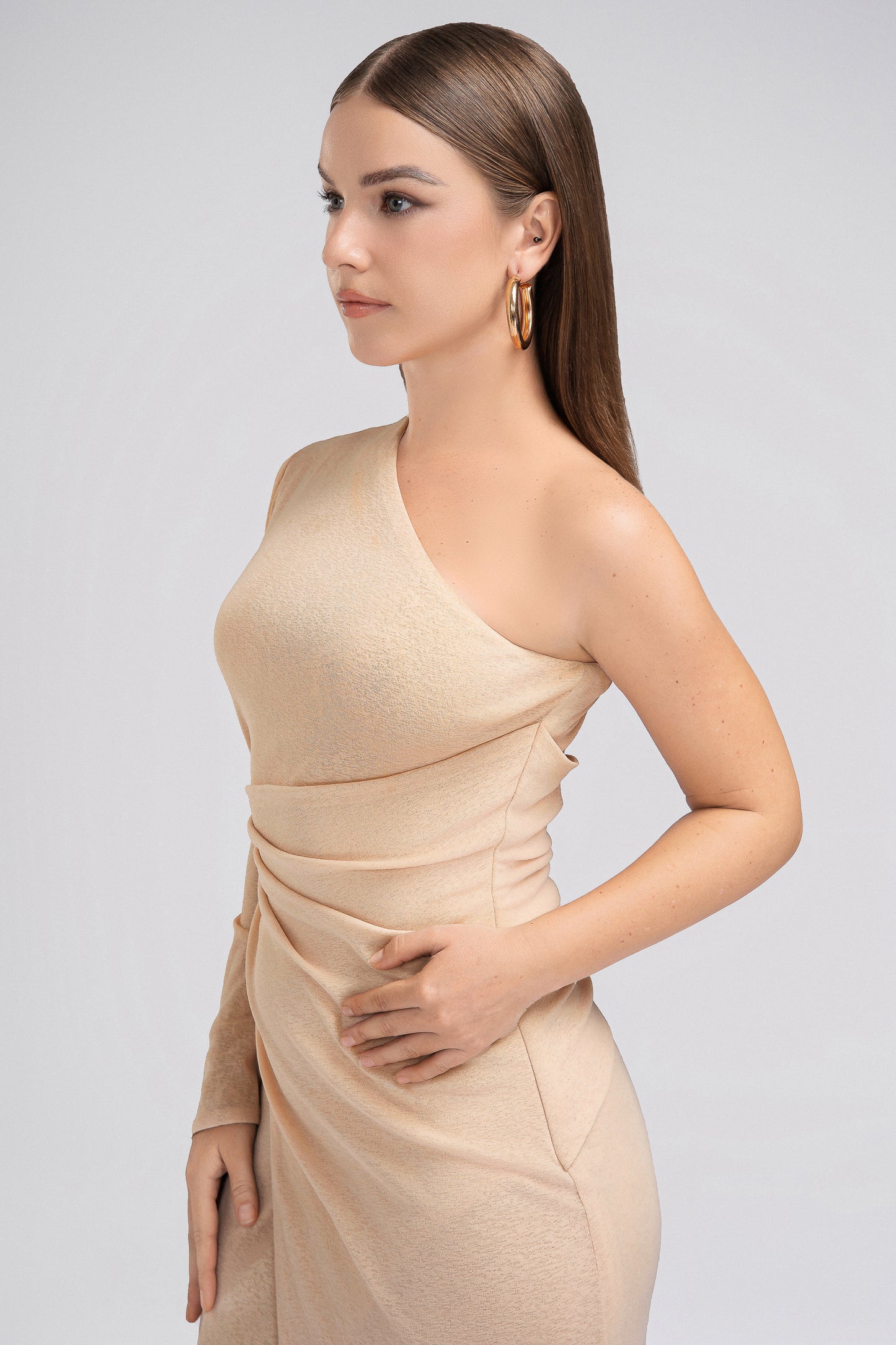 Petite One Shoulder Midi Dress in Beige