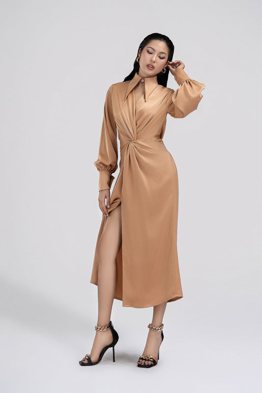 Twisted Front Petite Shirt Dress in Tan