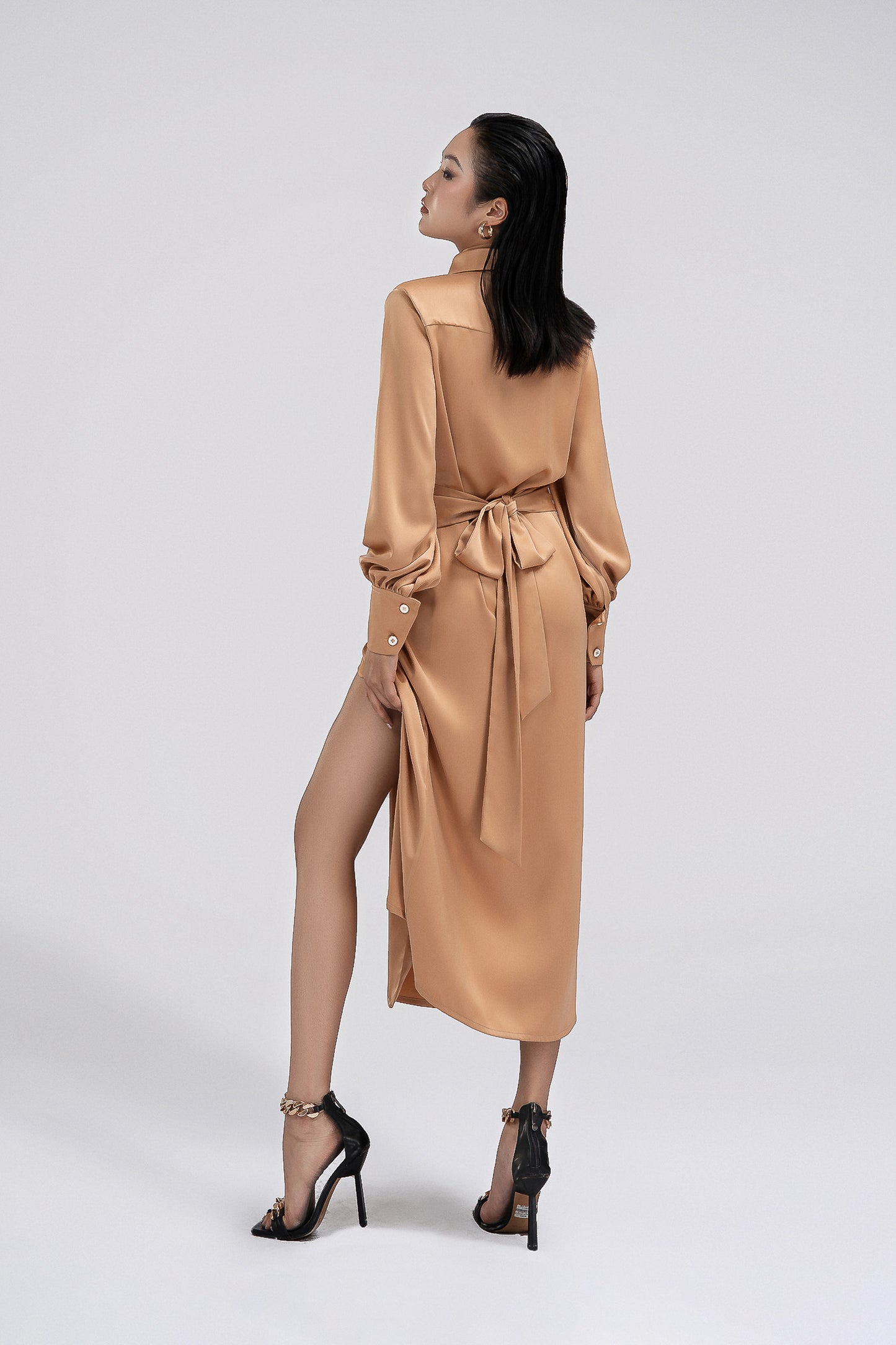 Twisted Front Petite Shirt Dress in Tan