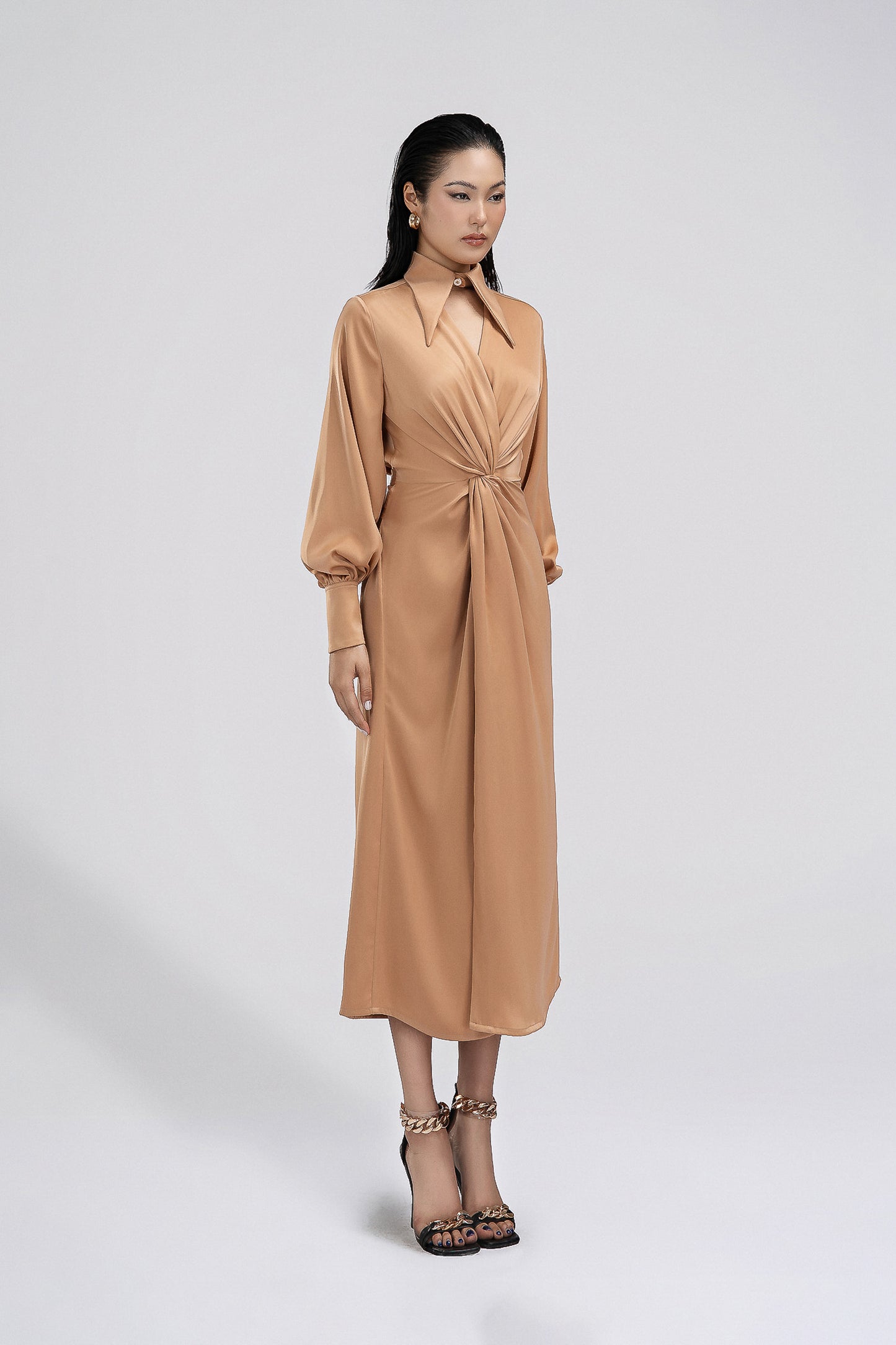 Twisted Front Petite Shirt Dress in Tan