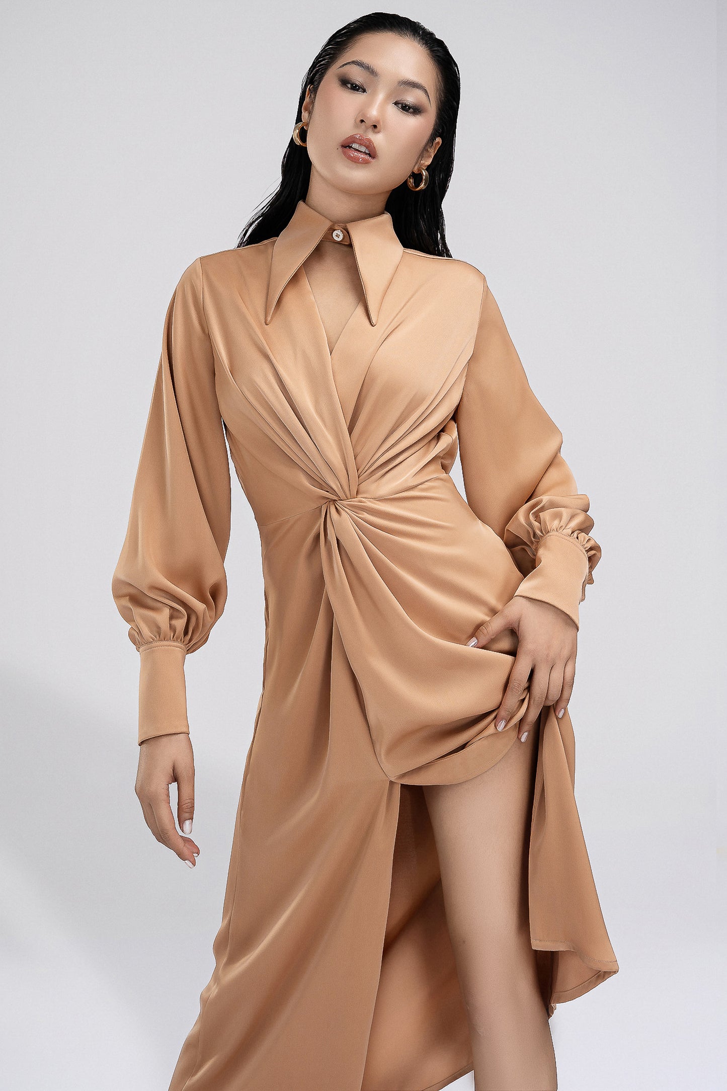 Twisted Front Petite Shirt Dress in Tan