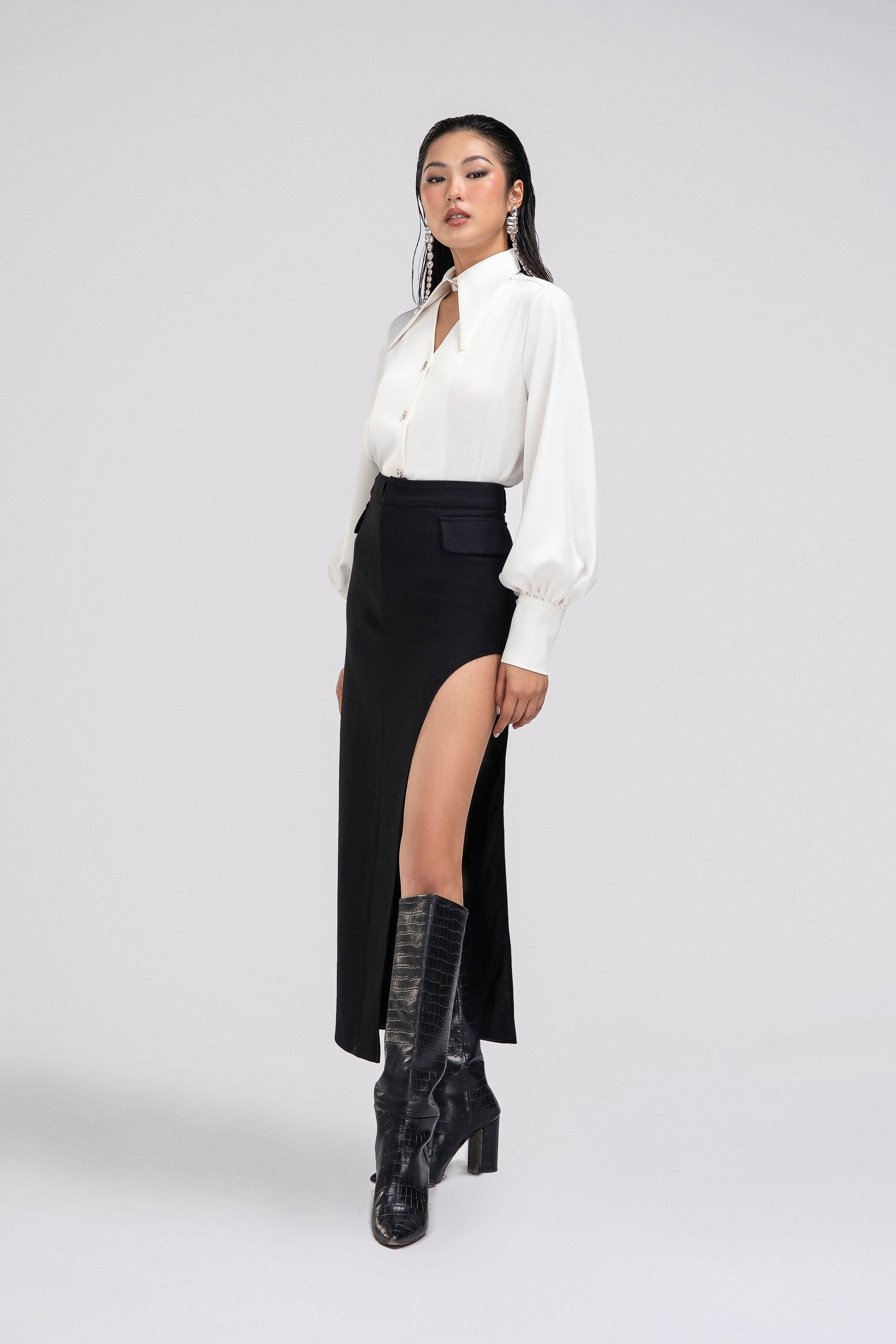 Petite Cut Out Midi Skirt in Black Sylphic