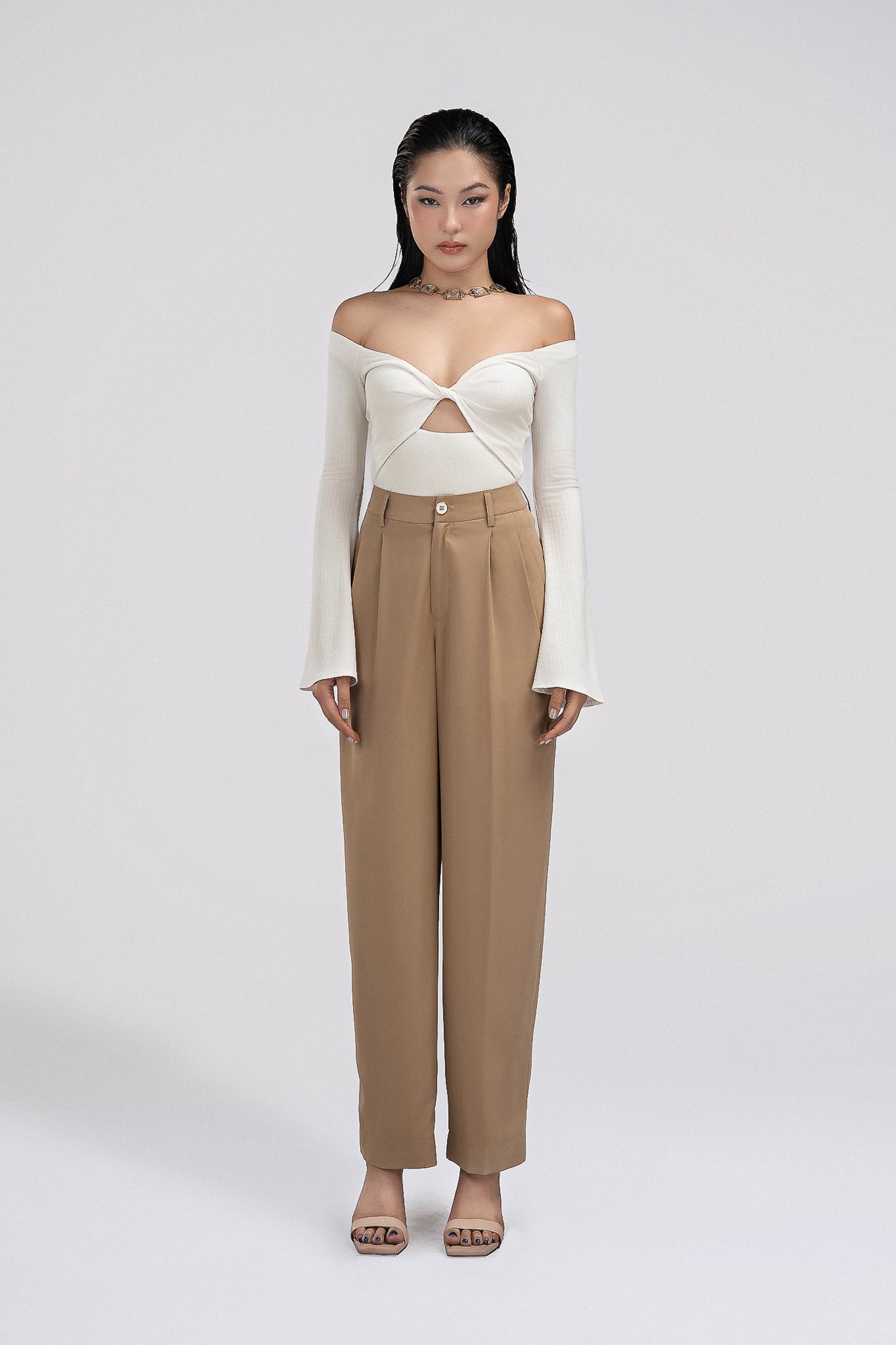 Pleated Petite Wide Leg Pants in Beige