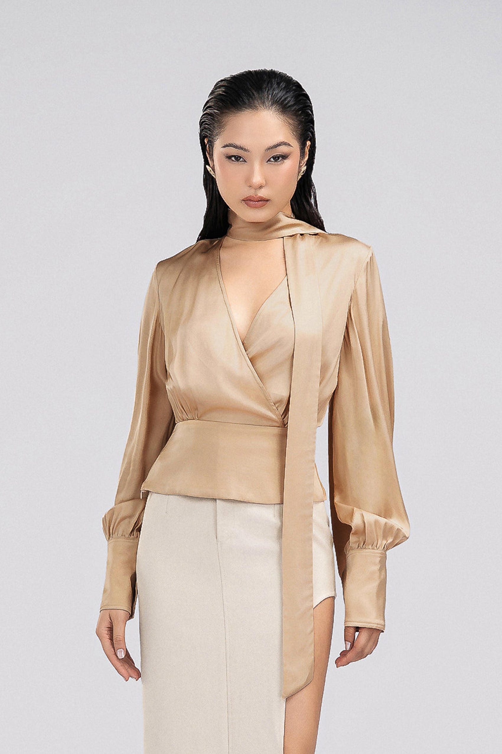 Tie Neck Petite Blouse in Beige