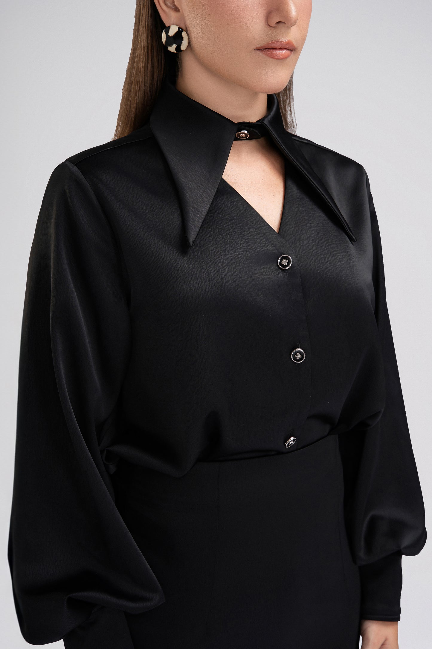 Silky Satin Petite Blouse in Black