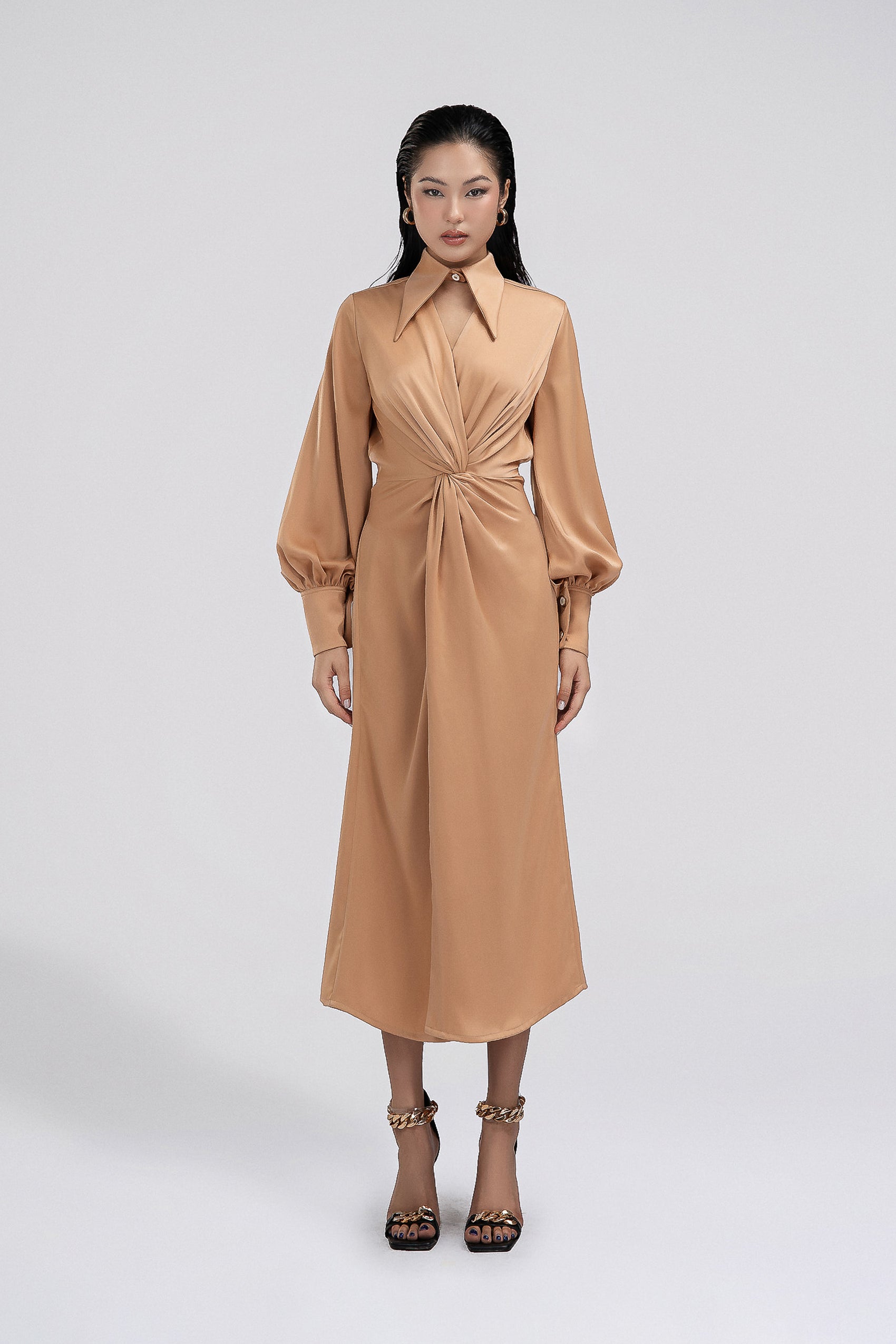 Twisted Front Petite Shirt Dress in Tan