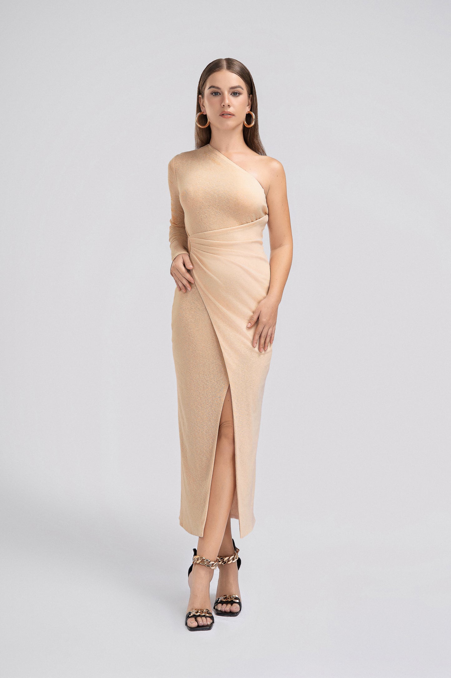 Petite One Shoulder Midi Dress in Beige