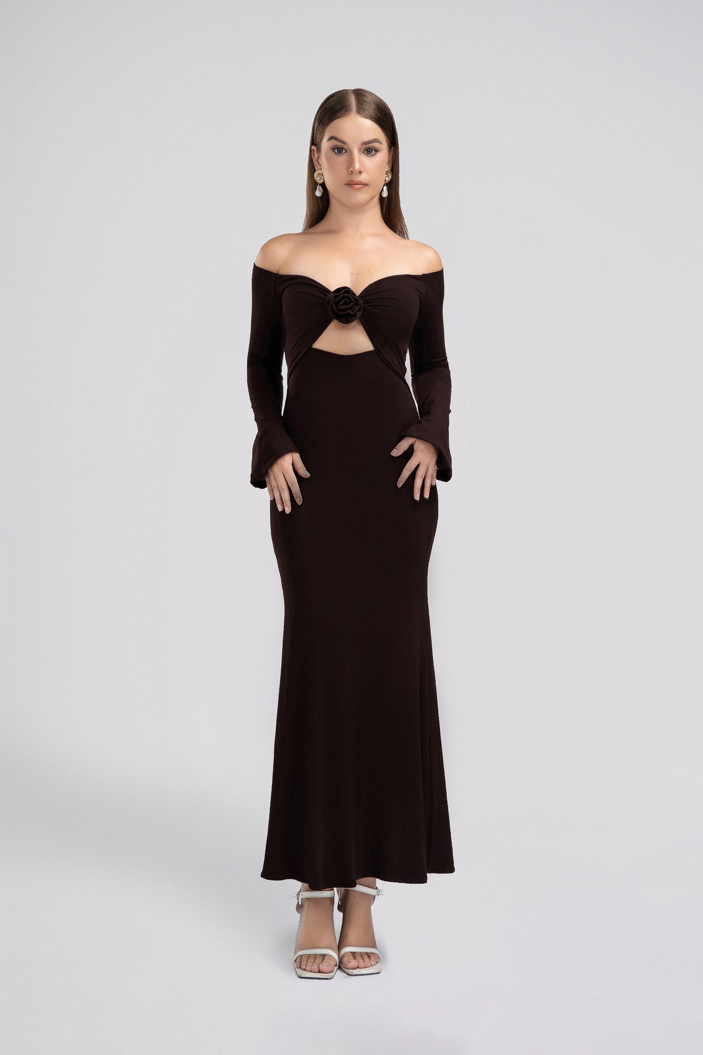 Petite Off Shoulder Jersey Dress in Chocolate