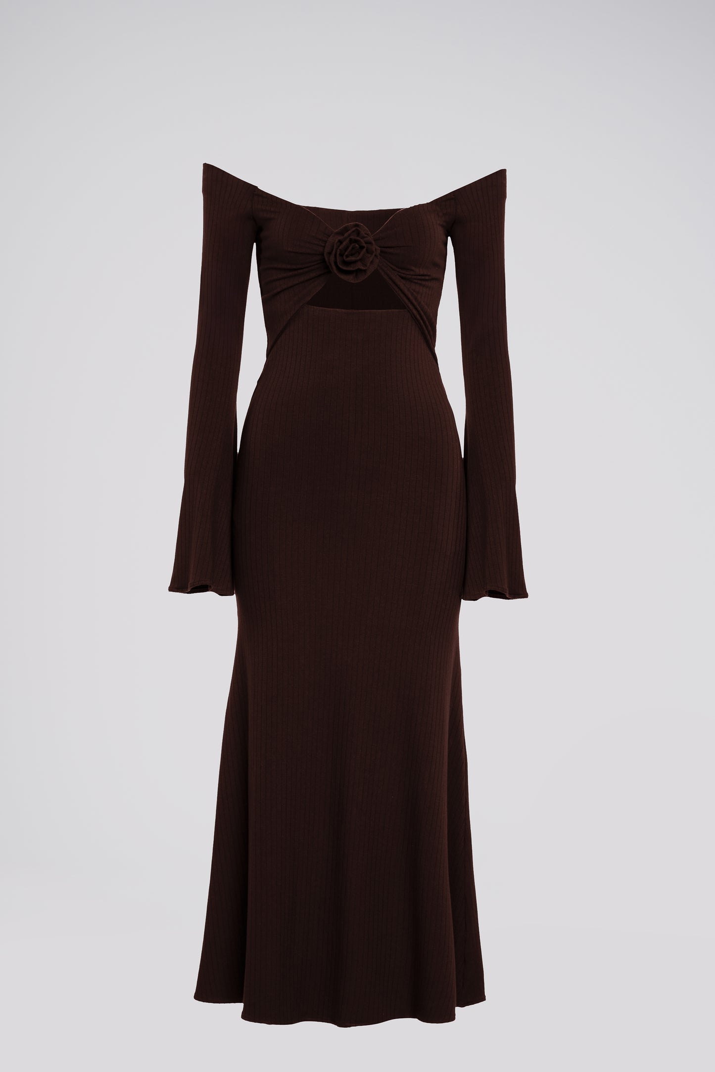Petite Off Shoulder Jersey Dress in Chocolate