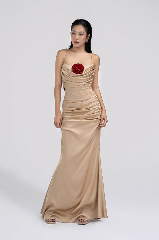 Petite Fit and Flare Maxi Dress in Beige