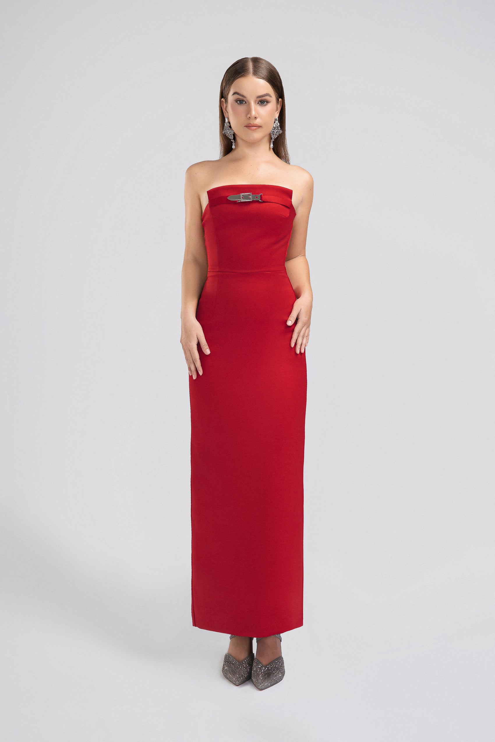 Strapless Petite Maxi Dress in Red