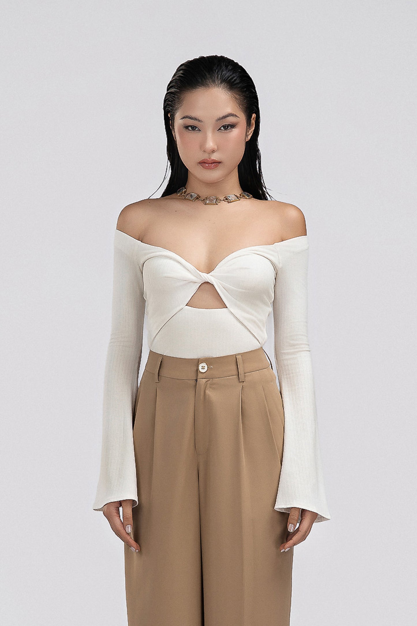 Petite Off Shoulder Jersey Top in Ivory